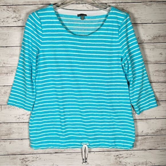 TALBOTS Striped Terry Cloth Top Drawstring Hem Turquoise White MP - Picture 2 of 7